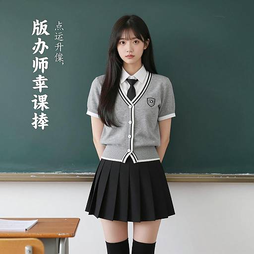 Asian Woman in School Uniform by Chalkboard