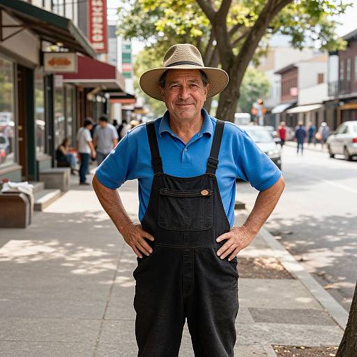 Man in Overalls on Vintage City Street