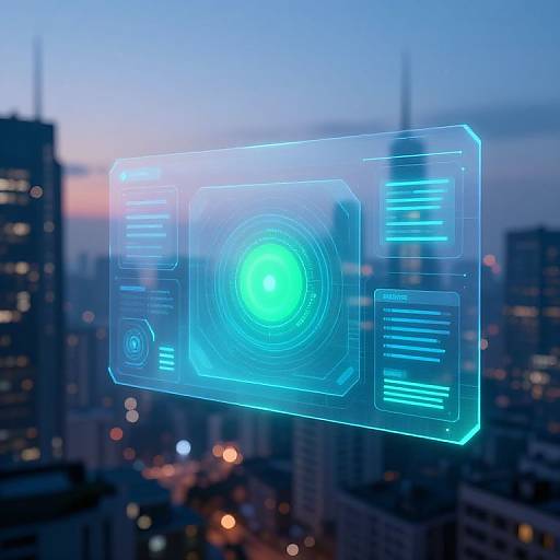 Digital hologram of a glowing blue interface floating above a blurred cityscape at dusk, with illuminated skyscrapers in the background.