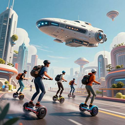 Futuristic Cityscape with Hoverboard Team