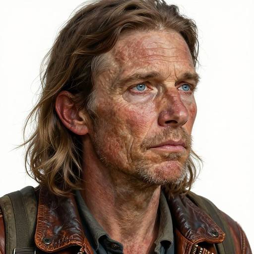 Photorealistic digital portrait of a rugged, middle-aged man with blue eyes, long brown hair, weathered face, light stubble, wearing a