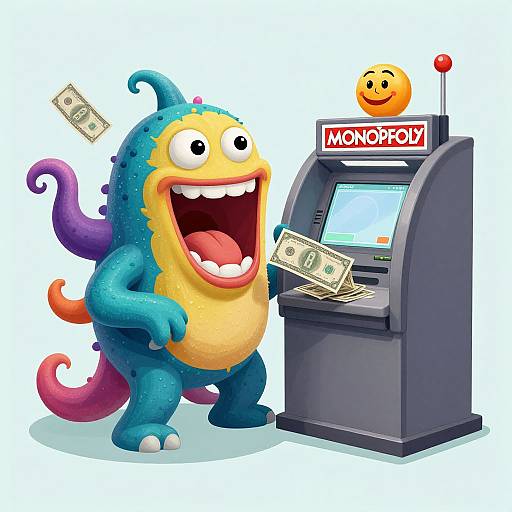 Cartoon monster with blue and yellow scales excitedly uses a 