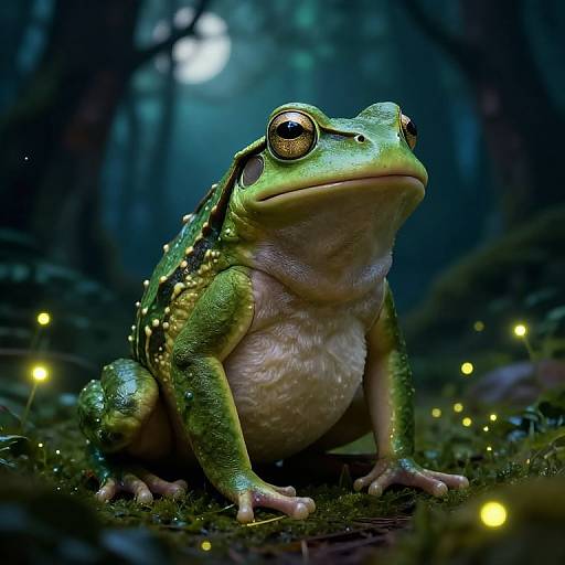 Digital artwork of a detailed, vibrant green frog with large, expressive eyes, sitting on mossy forest floor, surrounded by glowing fireflies under a moon