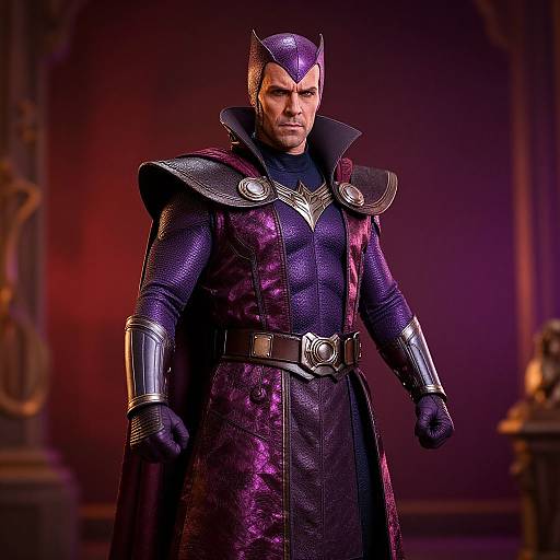 Photorealistic CGI of a muscular man in a purple, metallic, Batman-inspired armor with cat-ear helmet, standing confidently in a dimly lit
