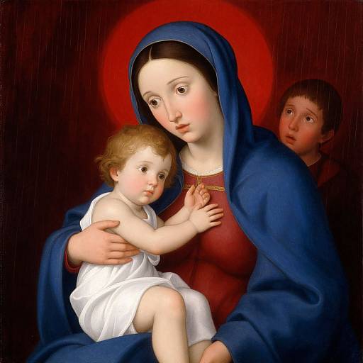 Renaissance-style painting of the Virgin Mary with a red dress, blue cloak, holding baby Jesus in white clothes, and John the Baptist in the