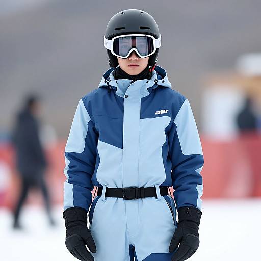 Photograph of a focused skier in a black helmet, white and navy ski suit, and black gloves, standing on a snowy slope with blurred,