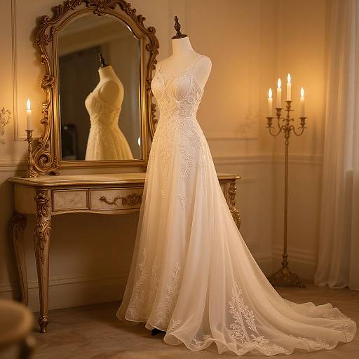 Photograph of an elegant white lace wedding dress on a mannequin, displayed in a warmly lit, vintage-style room with ornate mirror, antique