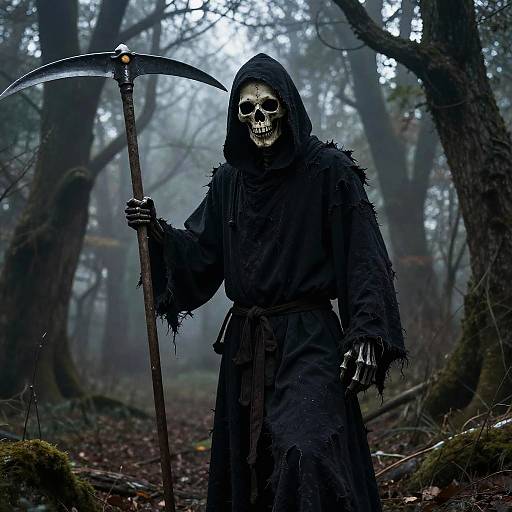 Photograph of a grim reaper-like figure in a tattered black robe, holding a scythe, with a skull mask, standing in a fog