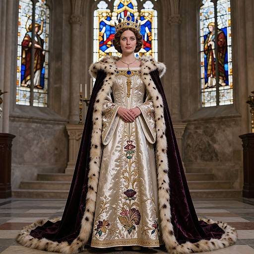 Photograph of a regal woman in an ornate golden gown with intricate embroidery, black fur-trimmed robe, crown, standing in a Gothic