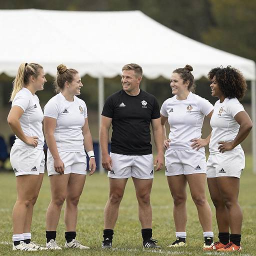 Smiling Women's Rugby Players with Coach