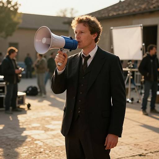 Photograph of a man with curly brown hair, in a black suit and tie, holding a blue and white megaphone, speaking outdoors on a