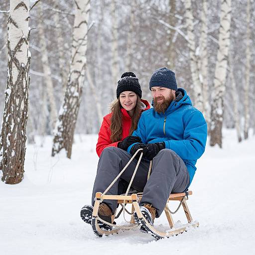 Photograph of a smiling couple in winter attire, sitting on a wooden sled in a snowy birch forest, holding handles. Man in blue jacket,