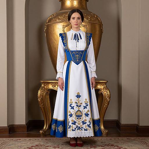 Photograph of a woman in traditional Eastern European peasant dress with blue and gold floral embroidery, standing in front of a large gold vase and ornate wooden