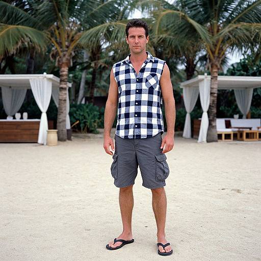 Photograph of a muscular man with short dark hair, wearing a black-and-white checkered shirt, gray cargo shorts, and black flip-flops,