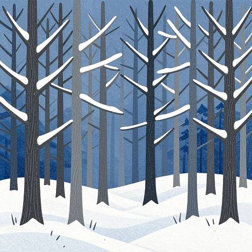 Digital painting of a snowy forest with tall, dark, leafless trees, snow-covered ground, and a blue, misty background. Bold, contrasting