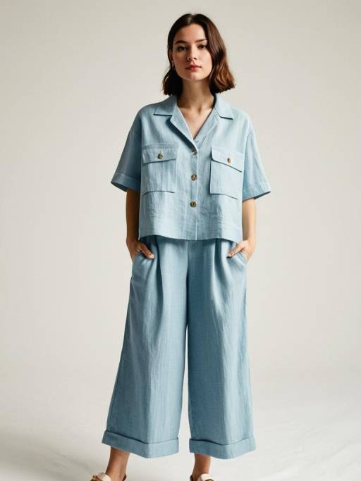 Woman in Sky Blue Linen Shirt and Culotte Pants