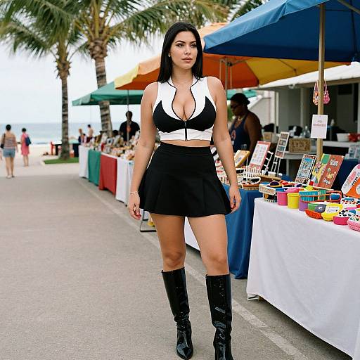 Photograph of a confident woman with long black hair, wearing a deep V-neck black and white top, black skirt, and knee-high boots, walking