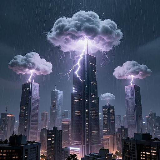 Photograph-style digital artwork of a city skyline with towering buildings, illuminated by lightning from dramatic, glowing clouds in a dark, rainy night sky.