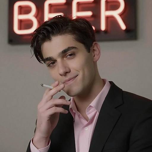 Young Man Smoking with Beer Sign