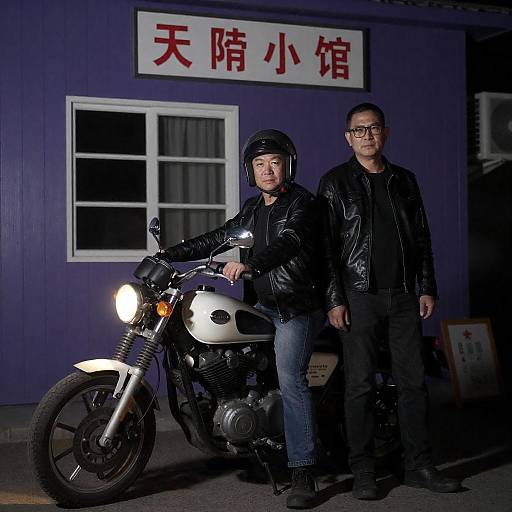 Two Men with Motorcycle in Front of Purple Building at Night