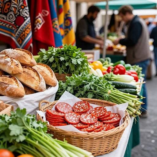 Vibrant market photograph: baskets of fresh bread, parsley, cucumber, sliced salami, tomatoes; blurred vendors in background; colorful textiles.