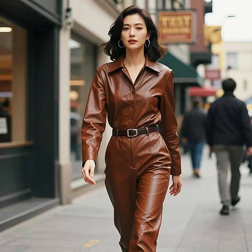 Photograph of a confident, dark-haired woman in a brown leather jumpsuit with a belt, walking down a city street. Blurred pedestrians and storefront