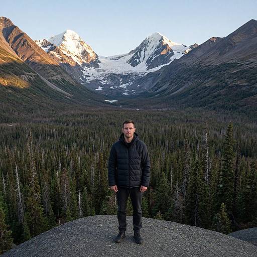 Photograph of a man in a black puffer jacket standing on a rocky ledge, with a dense forest and snow-capped mountains in the background under