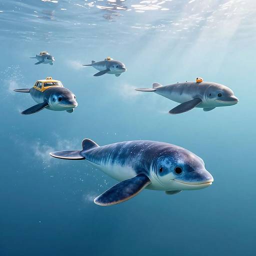 Photograph of four bottlenose dolphins swimming underwater, with sunlight filtering from above, showing their sleek, gray-and-white bodies and dorsal fins.