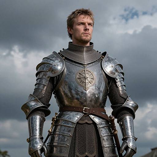Photograph of a tall, blond-haired man in shining, medieval-style, silver armor with a cross emblem, standing against a cloudy sky.