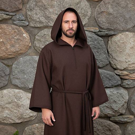 Photograph of a bearded man with fair skin, dark hair, and brown robe, standing in front of a stone wall. He has a serious
