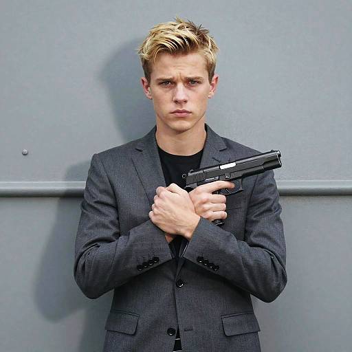 Young Man in Suit Holding Handgun