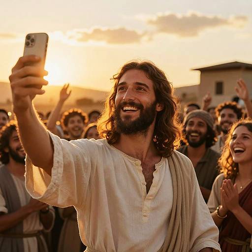 Photograph of a bearded, long-haired man in a white tunic taking a selfie at sunset with a joyful crowd behind him.