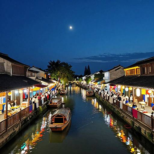 Photograph of a vibrant nighttime canal scene, illuminated by streetlights and shop signs, with a boat in the center and a moonlit blue sky overhead