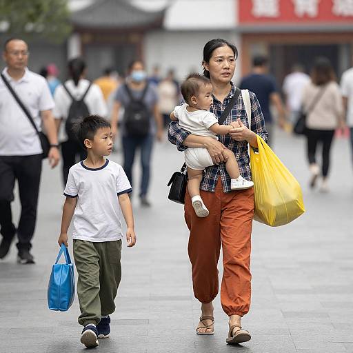 Asian Woman Carrying Baby and Walking with Child on Urban Street