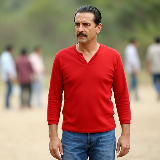 Photograph of a middle-aged man with dark hair, mustache, wearing a red V-neck sweater and blue jeans, standing outdoors against a blurred,