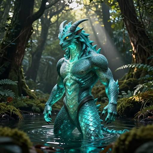 CGI fantasy image of a muscular, turquoise-scaled dragon-man with glowing blue markings standing in a forest stream, surrounded by moss and sunlight filtering through