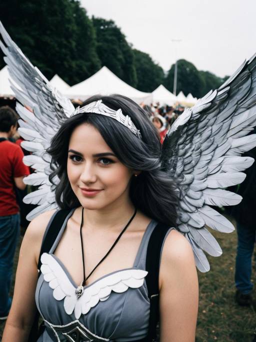 Woman in Grey Angel Wings Costume at Festival