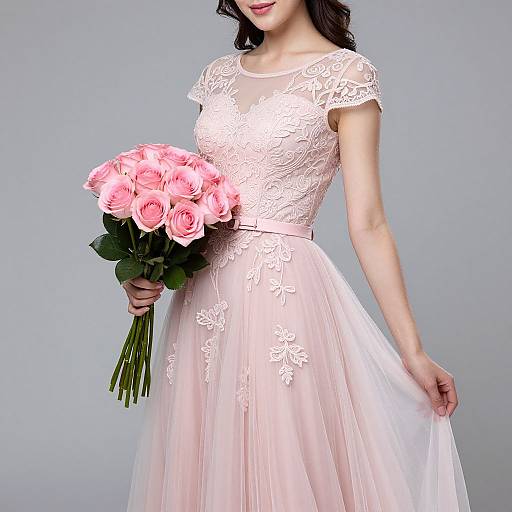 Photograph of a woman in a lace, short-sleeve, white wedding dress with a pink tulle skirt, holding a bouquet of pink roses