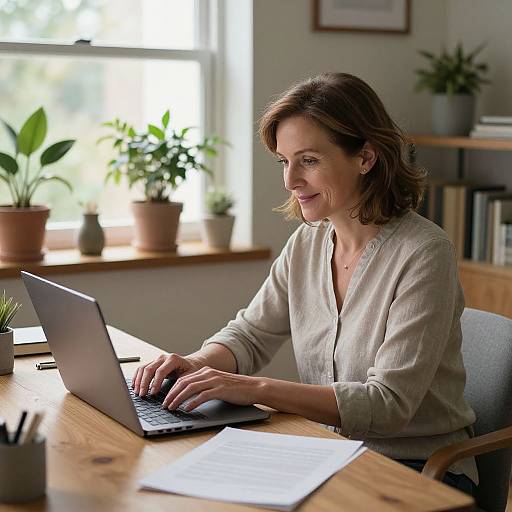 Photograph of a smiling middle-aged woman with shoulder-length brown hair, wearing a beige blouse, typing on a laptop in a sunlit office with p