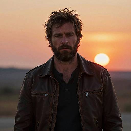Photograph of a rugged, bearded man with messy brown hair, wearing a dark leather jacket, standing against a vibrant orange sunset.