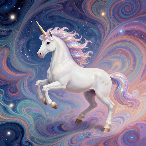 Digital artwork of a white unicorn with a golden horn, flowing pastel mane, and hooves, mid-leap against a swirling, multicolored