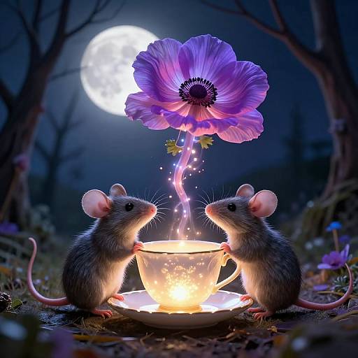 Photorealistic digital art: Two mice, with glowing eyes, pour a pink, magical flower petal into a glowing teacup under a full