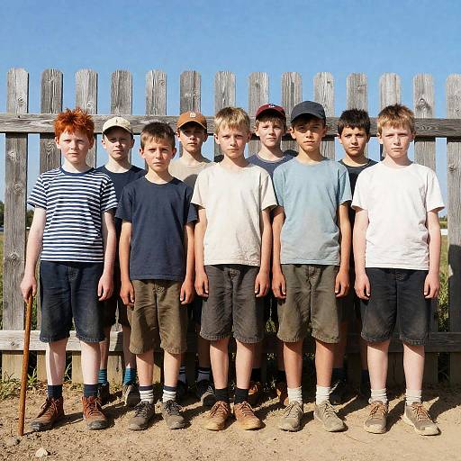 Group of Ten Boys Standing by Wooden Fence