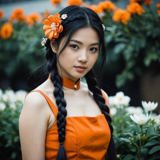 Asian Woman in Orange Dress with Braided Hair