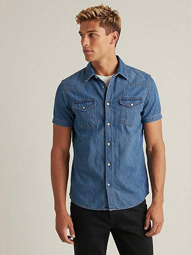 Man in Short Sleeve Denim Shirt