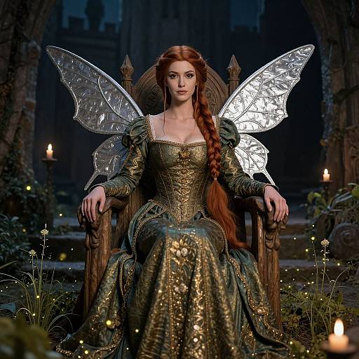 Digital fantasy artwork of a fair-skinned, red-haired fairy with intricate, glowing wings, wearing a gold, ornate gown, seated on a wooden