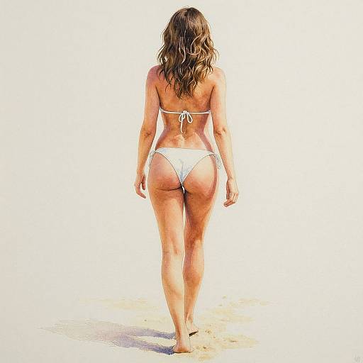 Photograph of a woman with wavy brown hair, wearing a white string bikini, walking away on a sunny, white sandy beach.