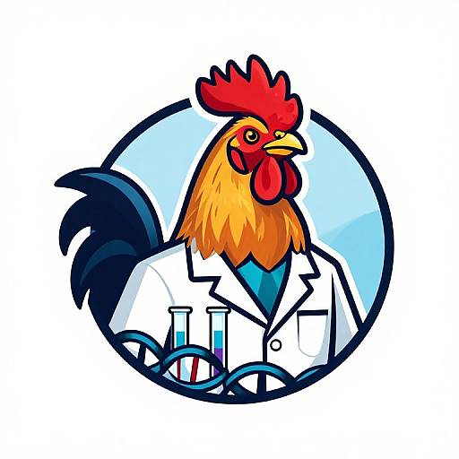 Cartoon rooster in a white lab coat with a beak, red comb, and yellow feathers, standing in a blue circular background, holding a