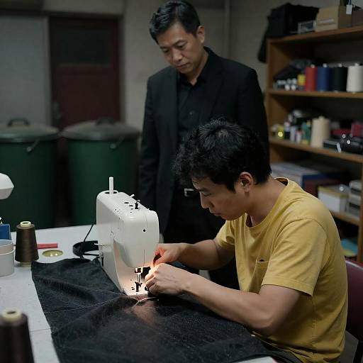 Tailor Sewing in a Gritty Workshop