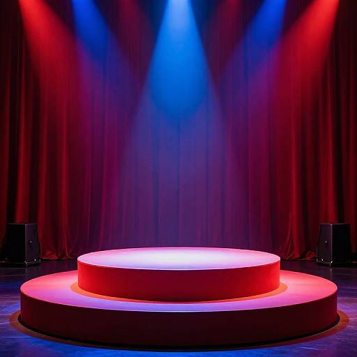 Photograph of a stage with three red illuminated circular platforms, under vibrant red and blue spotlights, set against a red curtain backdrop.